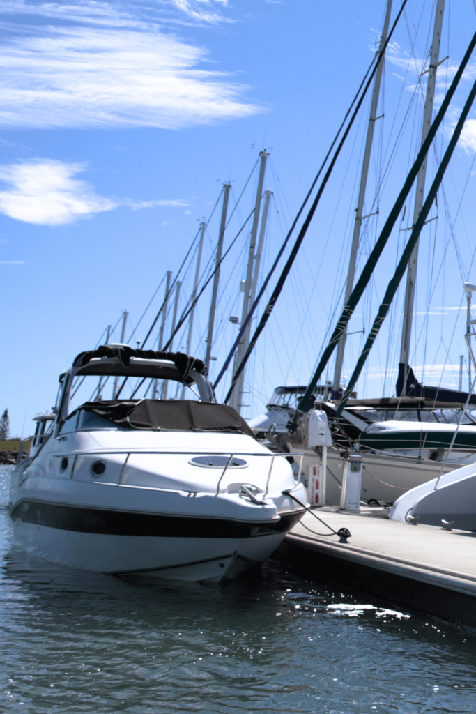 A boat in the water at the Scarborough Marina.